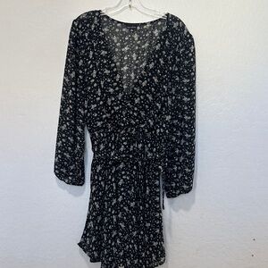 Zenobia Black White Floral Long Sleeve Dress faux wrap women’s plus size 3XL